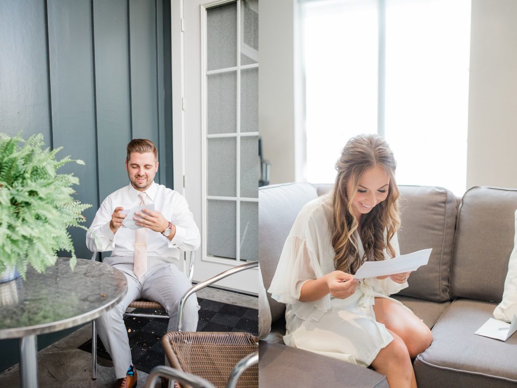 bride and groom reading letters on the wedding day