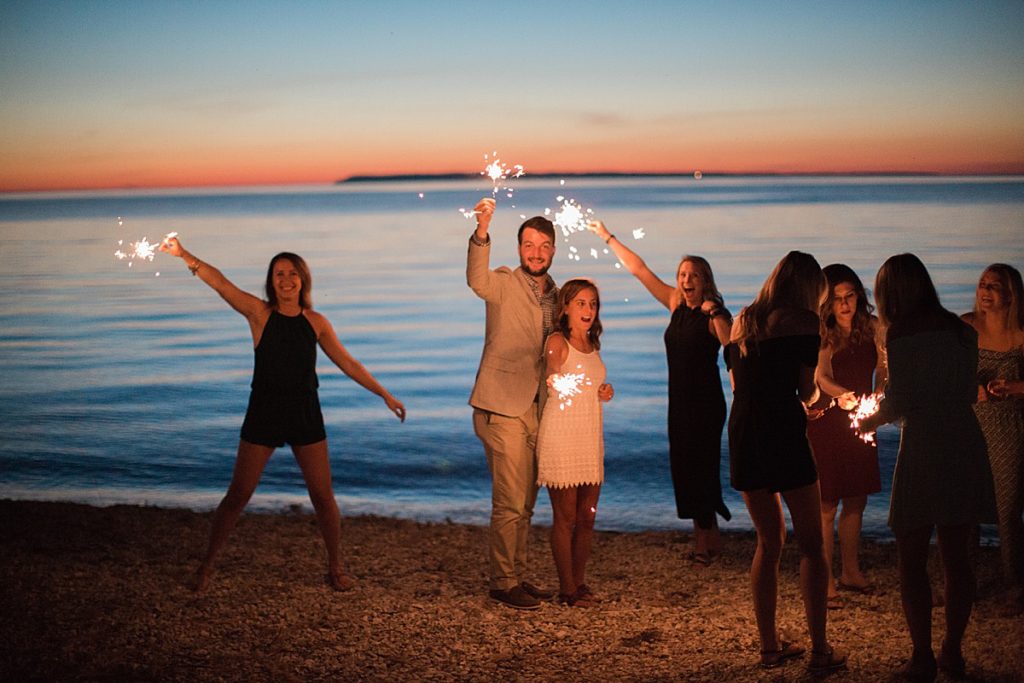 Lake Michigan at sunset portrait with sparklers