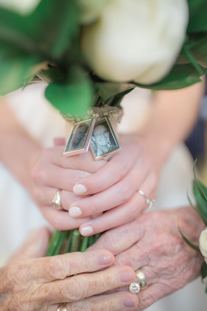bridal florals with grandmas' and bride's hands