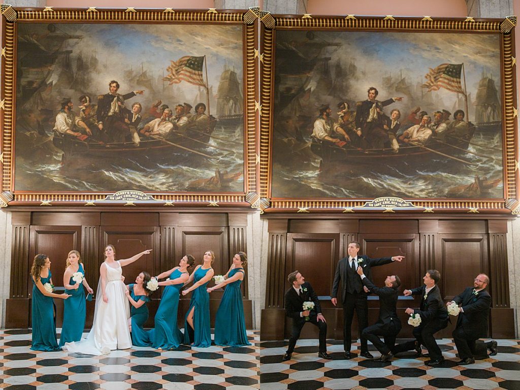 side by side images of the bridesmaids and groomsmen reenacting a painting