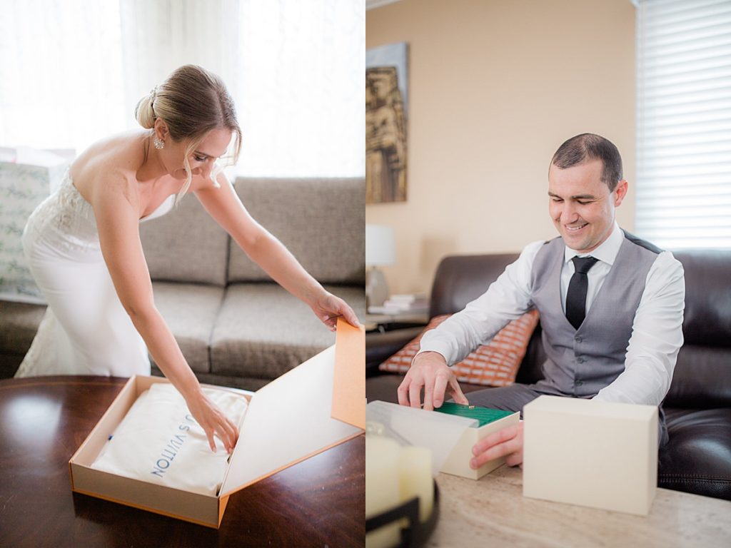 bride and groom opening gifts from one another