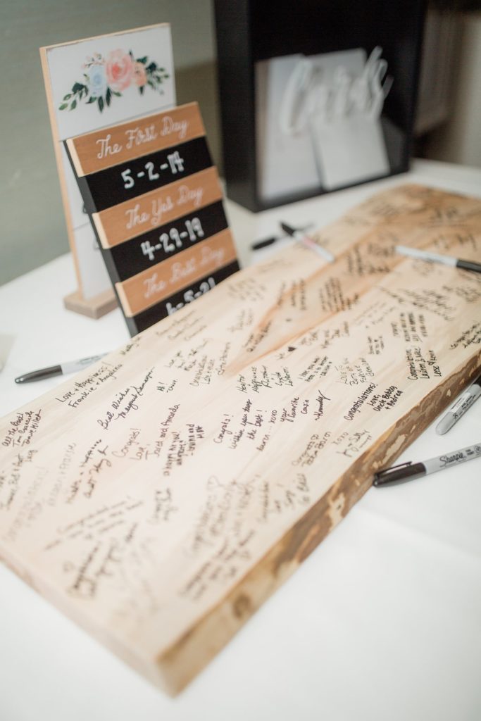 detail photo of the guest book, cutting board