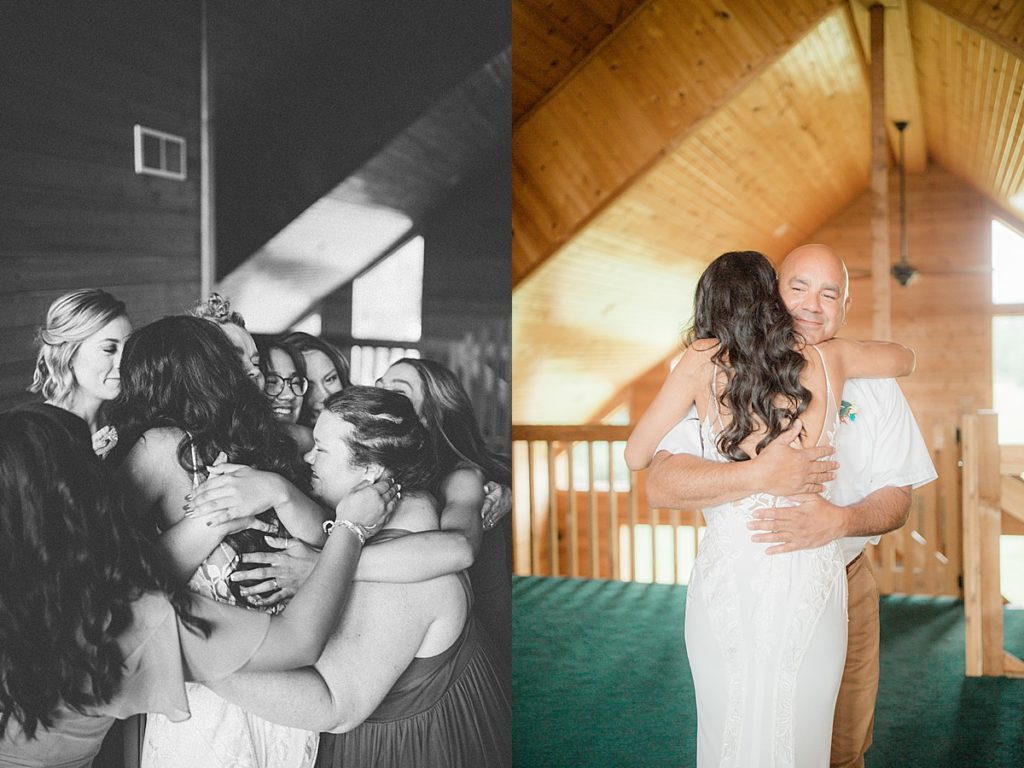 bride being hugged by bridesmaids and father