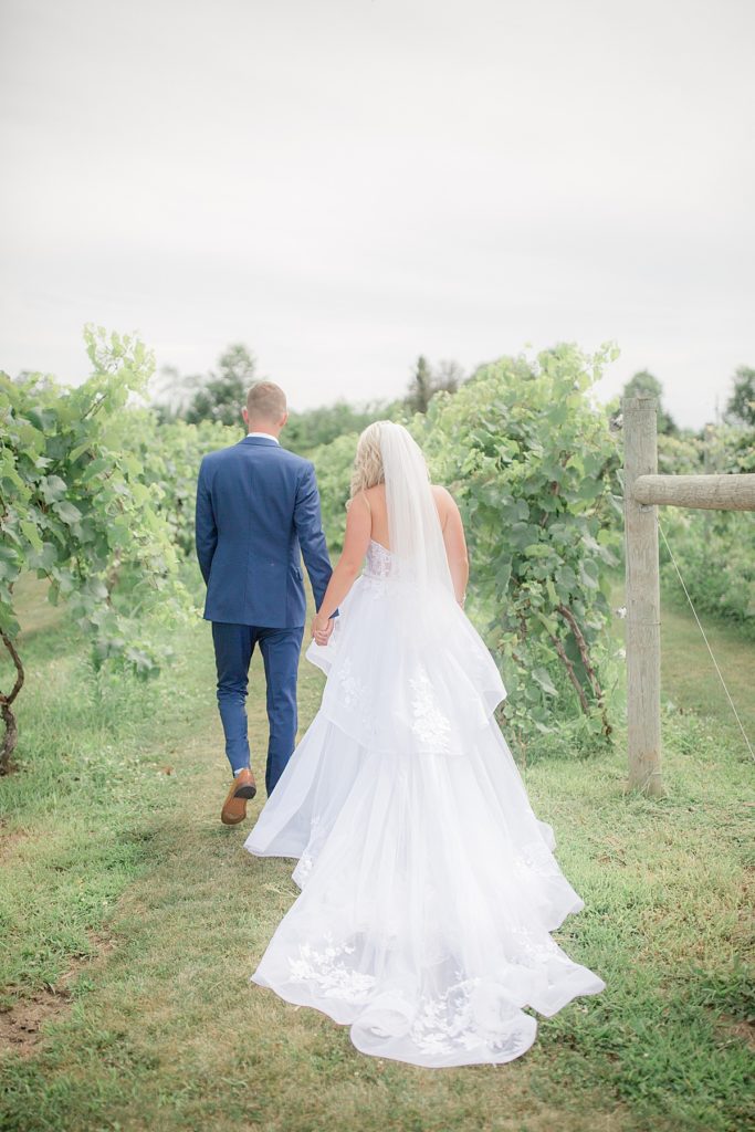 bride and groom walking in the vineyards taken from behind