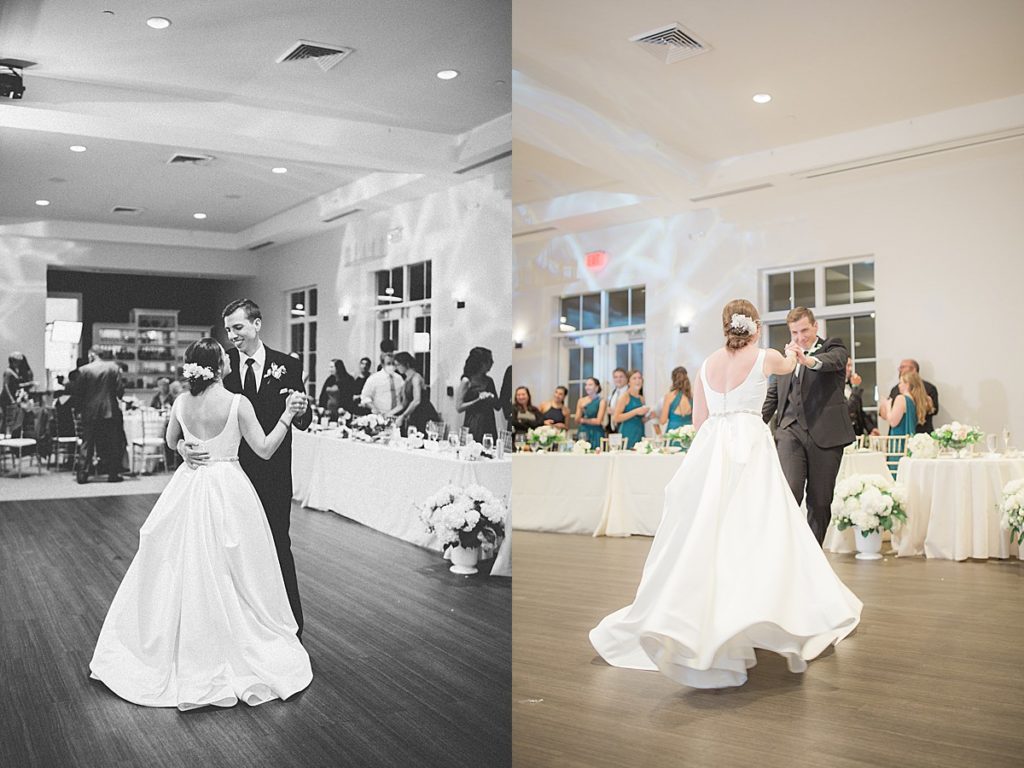 side by side of bride and groom during their first dance at the Estate at New Albany